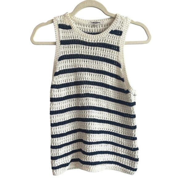 Madewell Crochet-Knit Crewneck Sweater Tank In Bright Ivory Navy Size Small - Picture 3 of 6